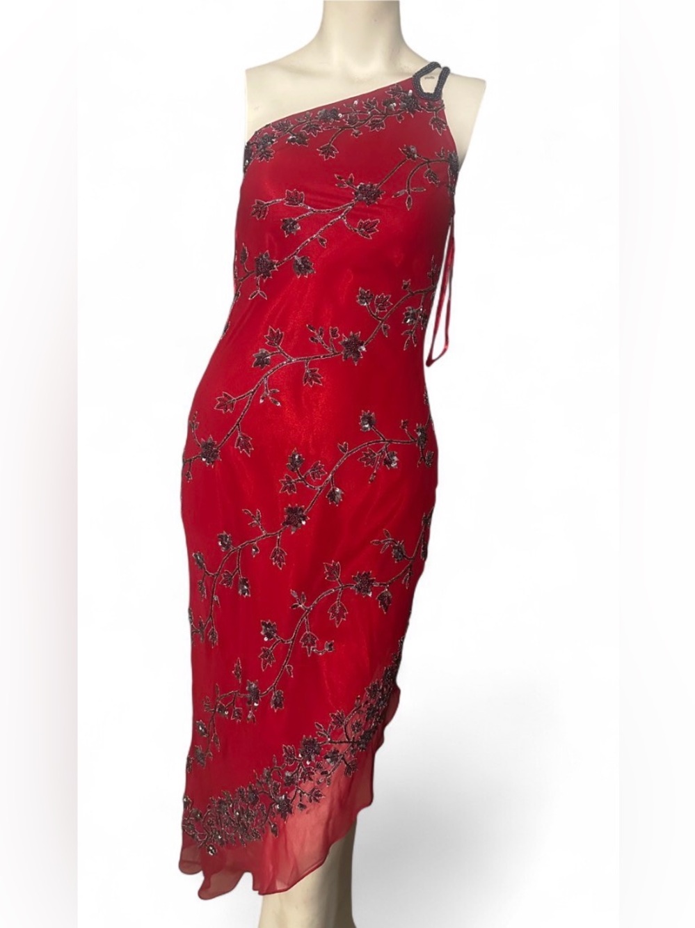 Vintage Scala Red maxi dress with black floral embroidery, 100% silk size XS